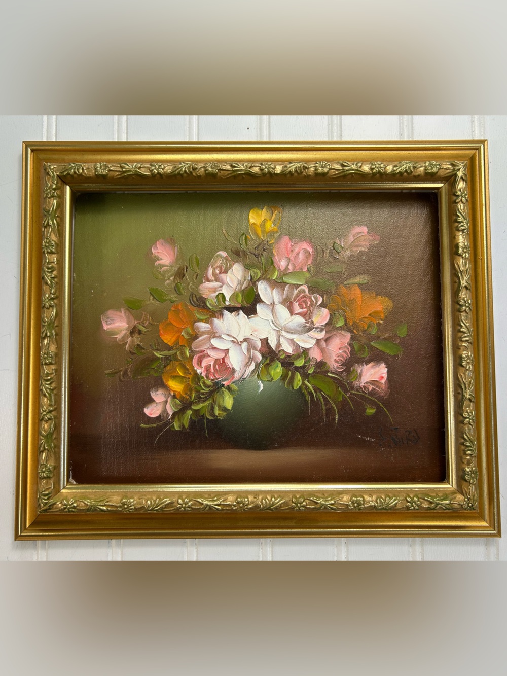 Vintage Art Framed Floral Oil Painting Pink White Roses Gallery Wall Sign 9x11